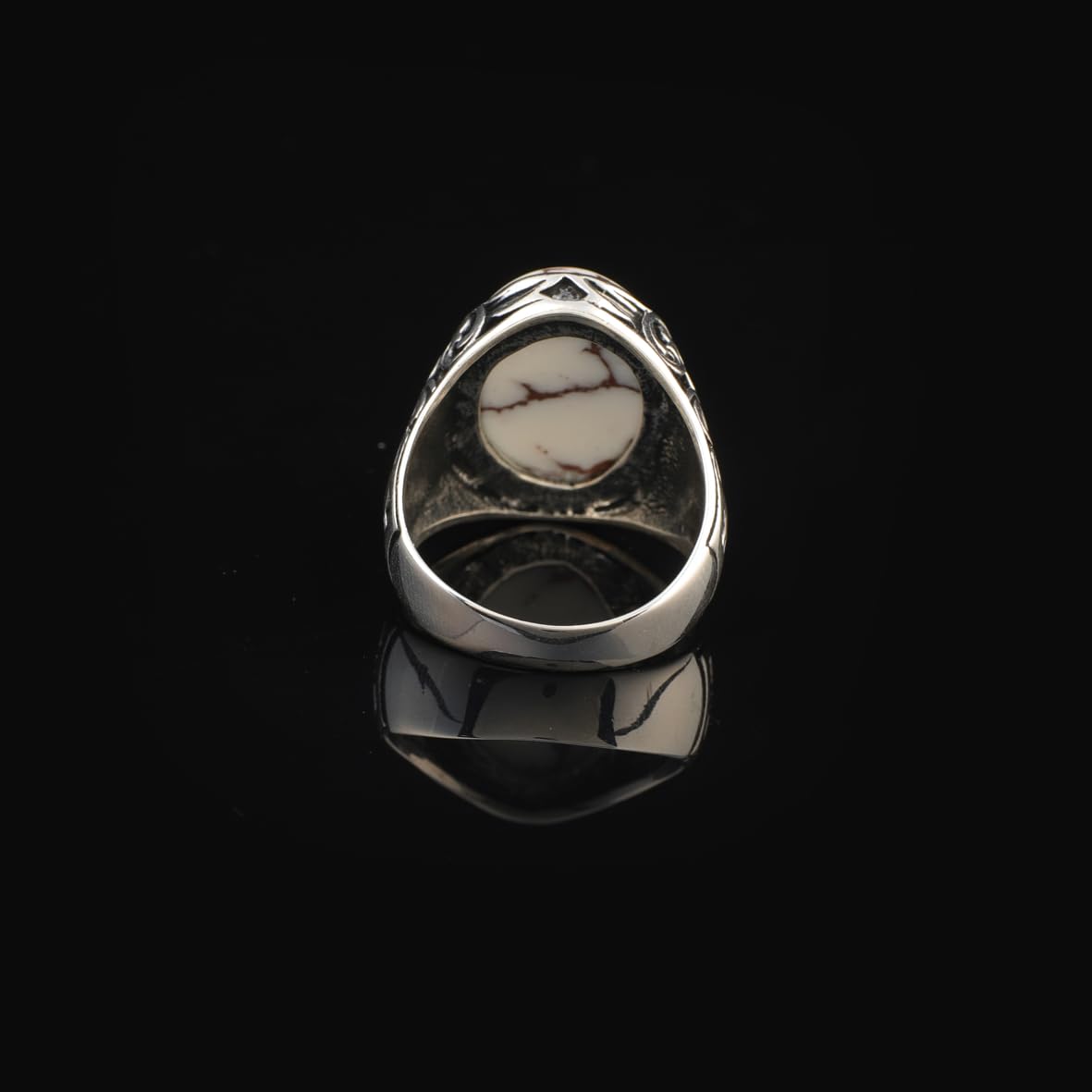 Mens White Turquoise Ring – Oval Gemstone in Ottoman Style – Handmade Vintage Sterling Silver Ring – Custom Engraved Engagement Ring with Gift Silver Polishing Cloth