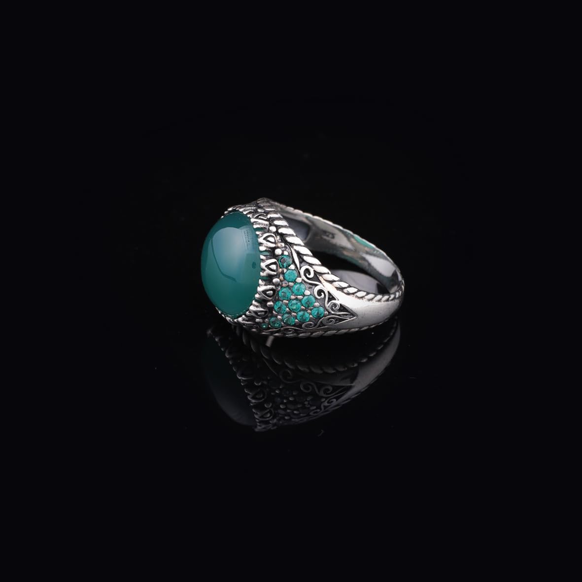 Handmade Jade Ring in Ottoman Style - 925 Sterling Silver Men's Gemstone Jewelry