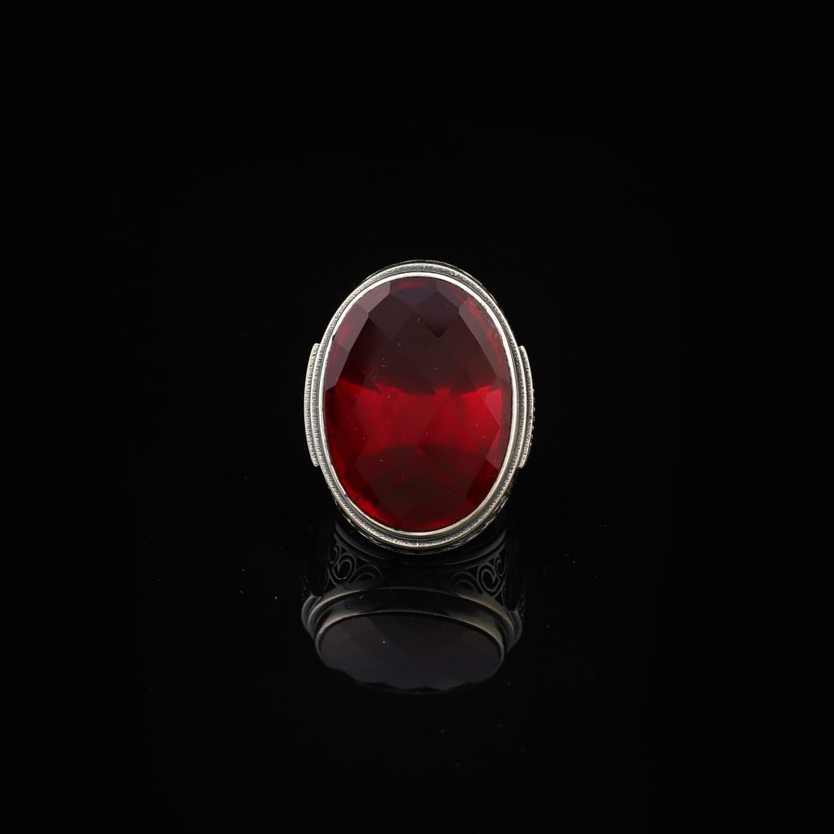 Garnet Ring – Large Chunky Silver Ottoman Gemstone Ring with Micro Sapphire Stone – Handmade Sterling Silver Ring for Men – Vintage Engagement Ring with Custom Engraving