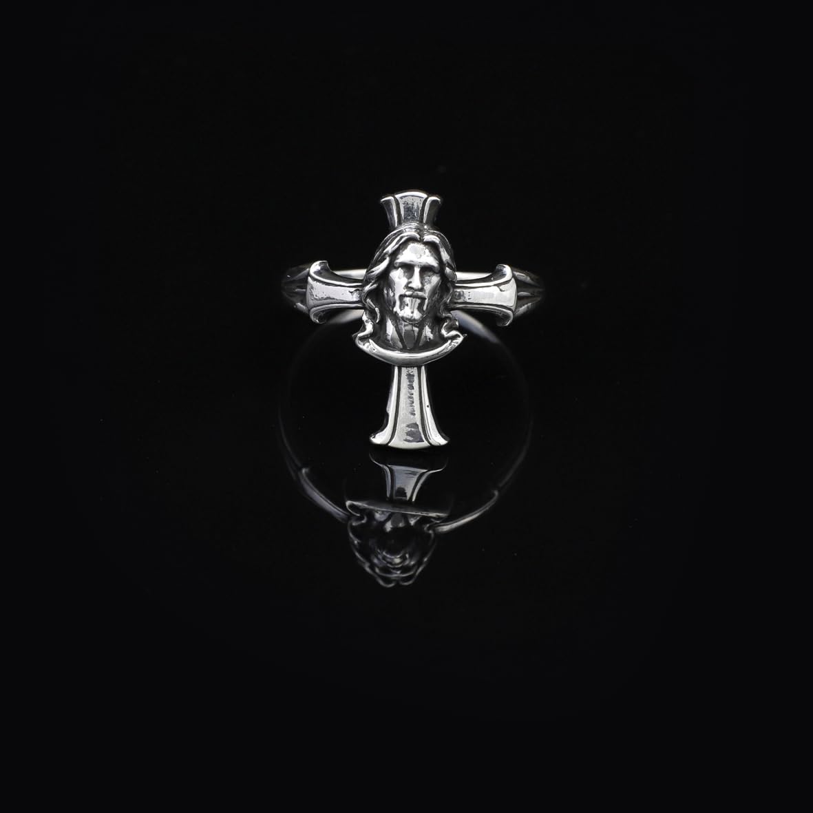 Handmade Cross Jesus Ring - 925 Sterling Silver Men's Christian Jewelry with Silver Polishing Cloth Gift