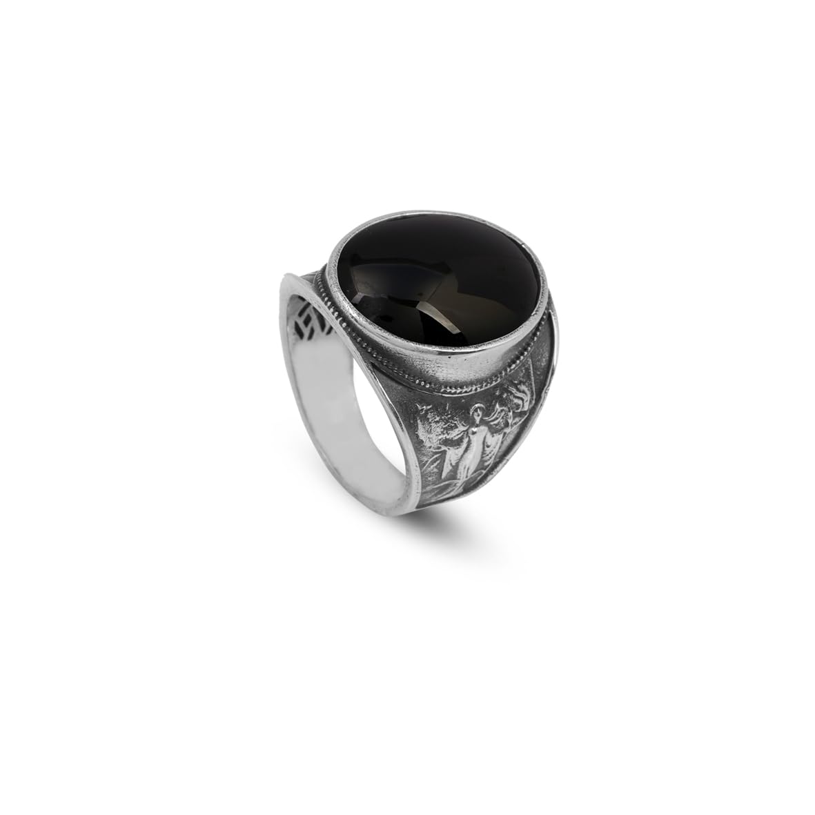 Handmade Virgin Mary Signet Ring – Black Onyx Oval Stone