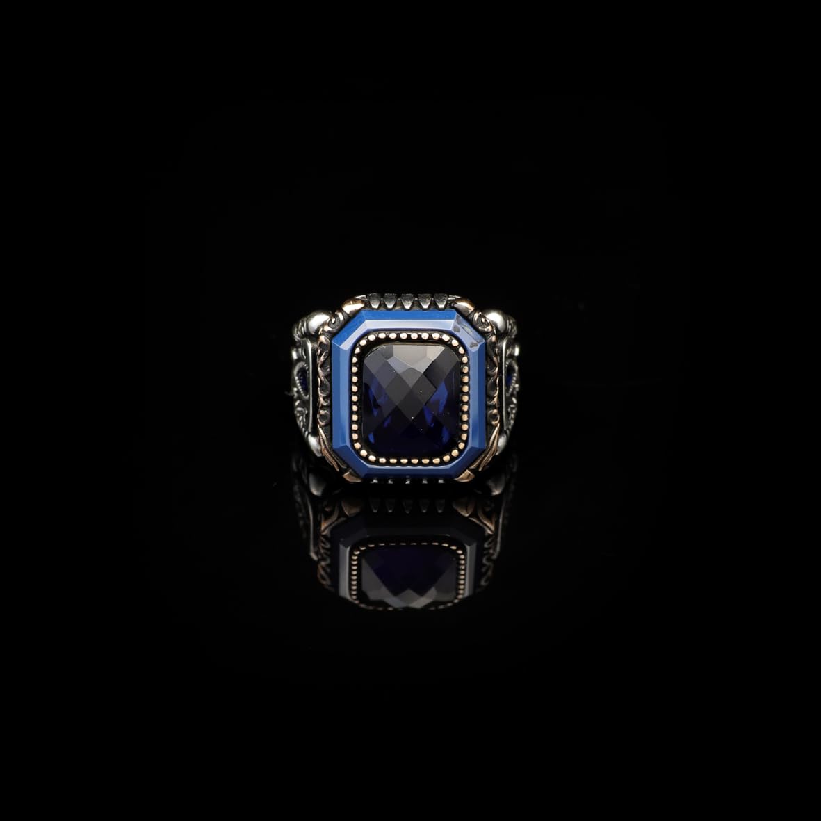 Vintage Blue Sapphire Ring - Handmade Men's Gemstone Ring in 925 Sterling Silver - Polished Turkish Engagement Ring with Silver Polishing Cloth Gift