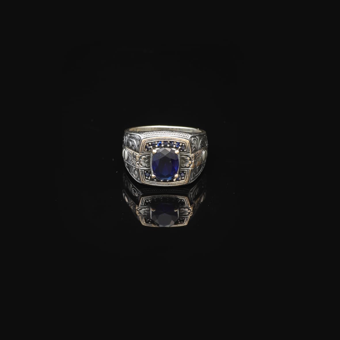 Blue Sapphire Ring with Micro Stone - Vintage Men's Gemstone Ring