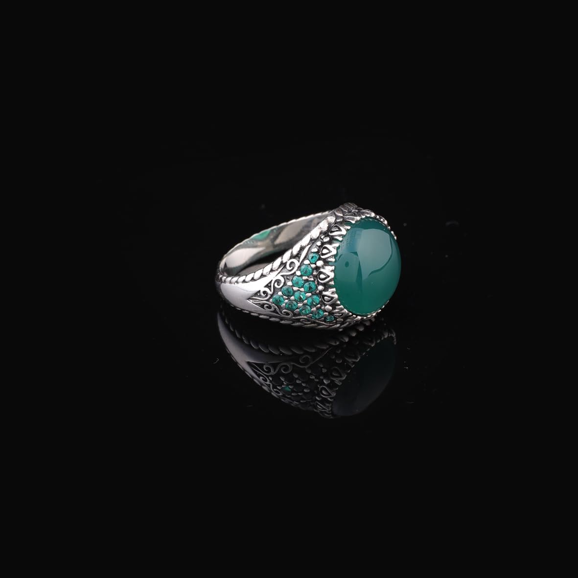 Handmade Jade Ring in Ottoman Style - 925 Sterling Silver Men's Gemstone Jewelry