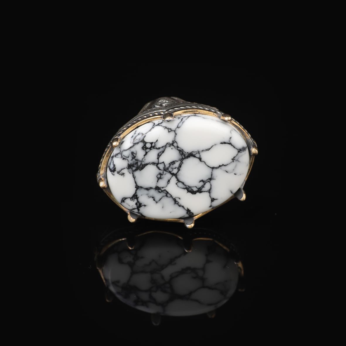 Handmade White Turquoise Large Ring with Oval Stone - Vintage Ottoman Men's 925 Sterling Silver Gemstone Ring - Silver Polishing Cloth Gift