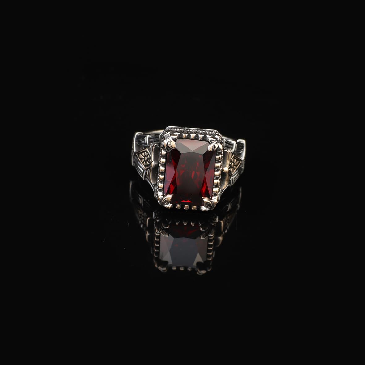 Handmade Garnet Pinky Ring - Vintage Ottoman Style Sterling Silver Ring for Men with Custom Engraving - Men's Gemstone Engagement Ring with Silver Polishing Cloth Gift