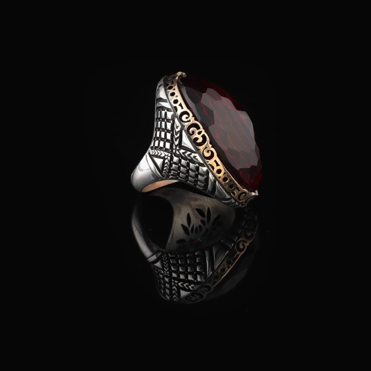 Chunky Herringbone Garnet Ring in Sterling Silver – Ottoman-Style Men's Vintage Gemstone Engagement Ring