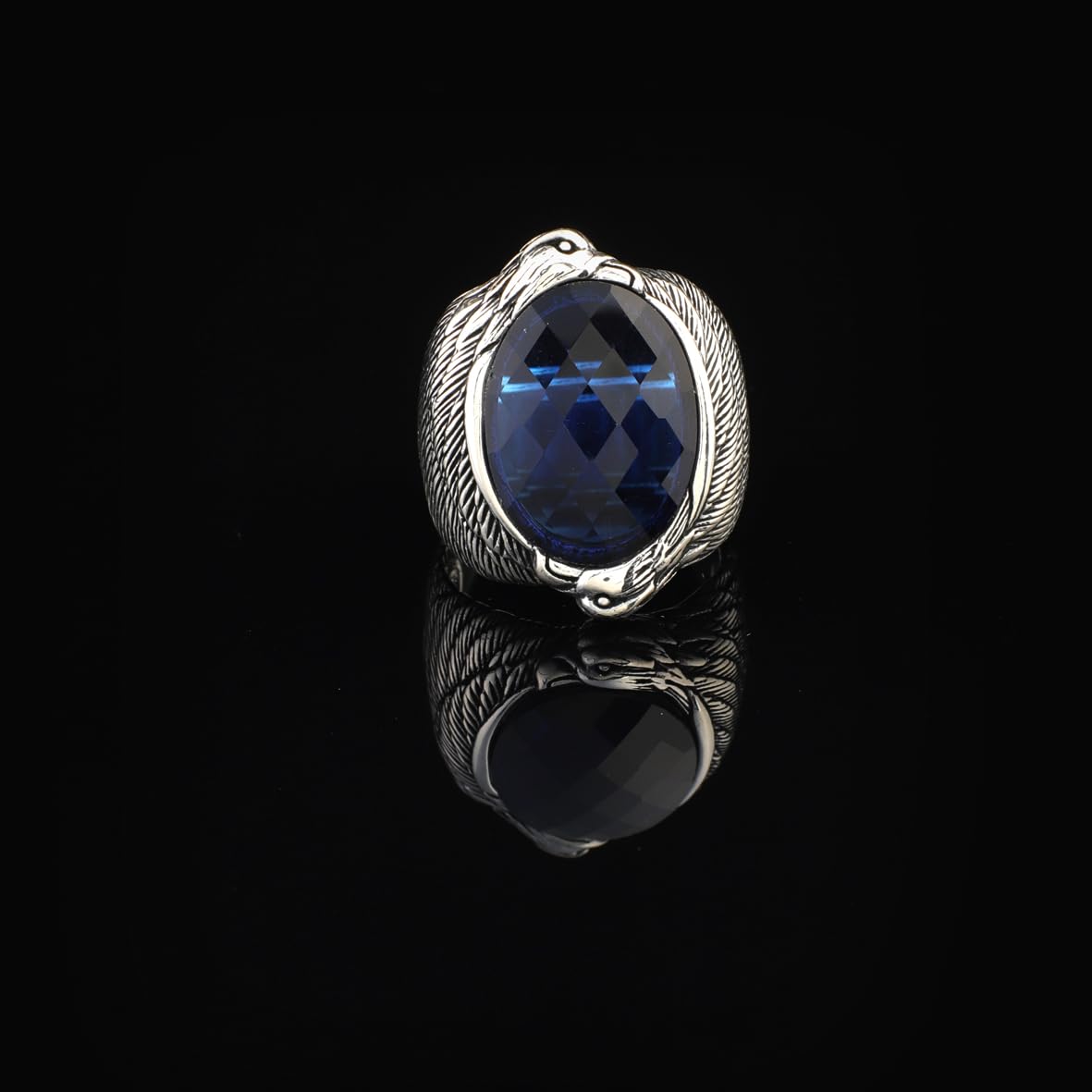 Handmade Vintage Sapphire Eagle Ring in Sterling Silver – Custom Engraved Men's Animal Jewelry Engagement Ring - Gift Silver Polishing Cloth