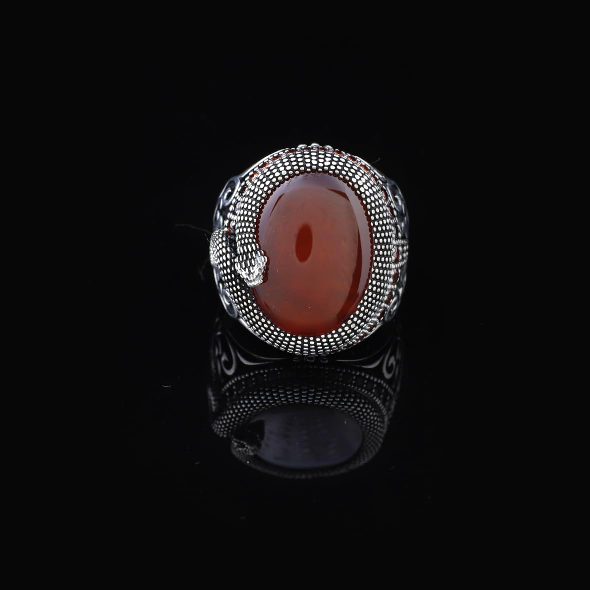Handmade 925 Sterling Silver Snake Ring with Carnelian Gemstone - Men's Jewelry