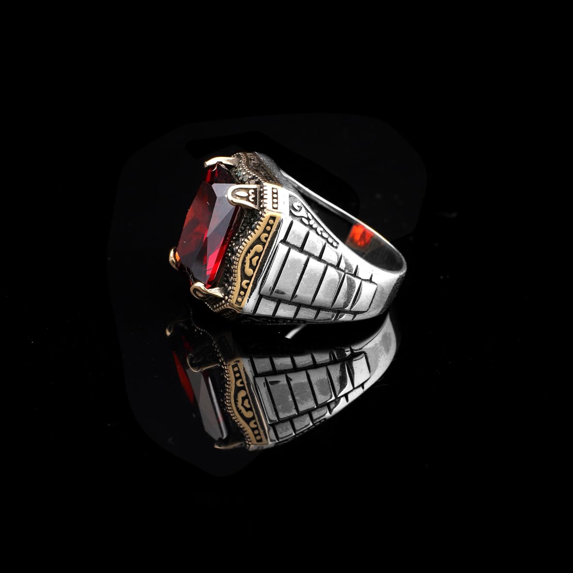 Vintage Garnet Gemstone Watch Band Ring – Ottoman Style Handmade Sterling Silver Ring for Men