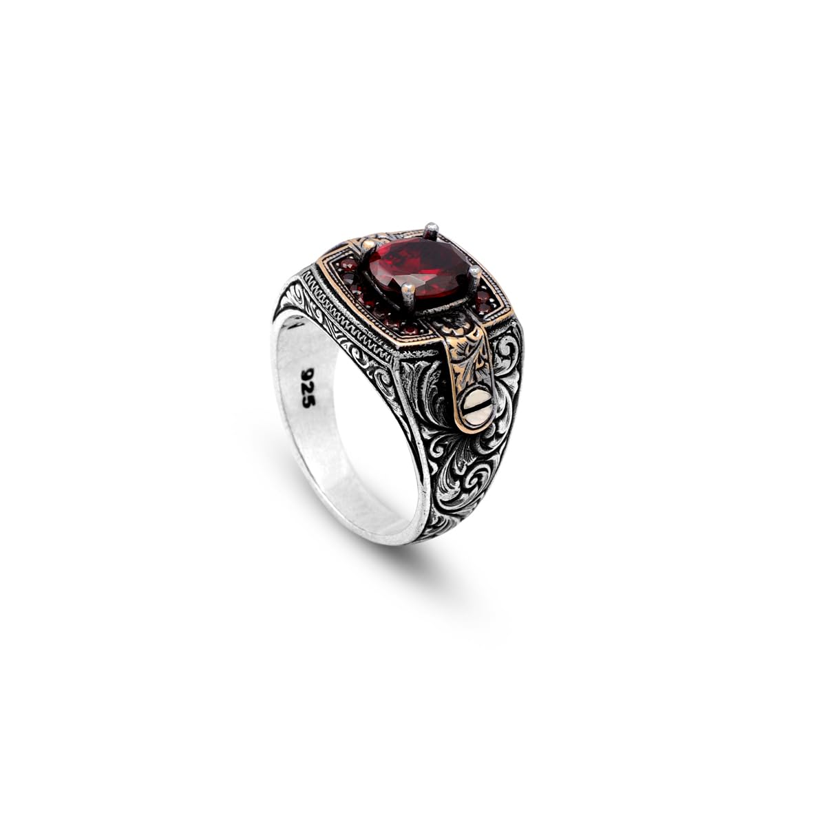 Vintage Garnet Ring for Men - Handmade Turkish 925 Sterling Silver Engagement Ring with Polished Gemstone and Silver Polishing Cloth Gift