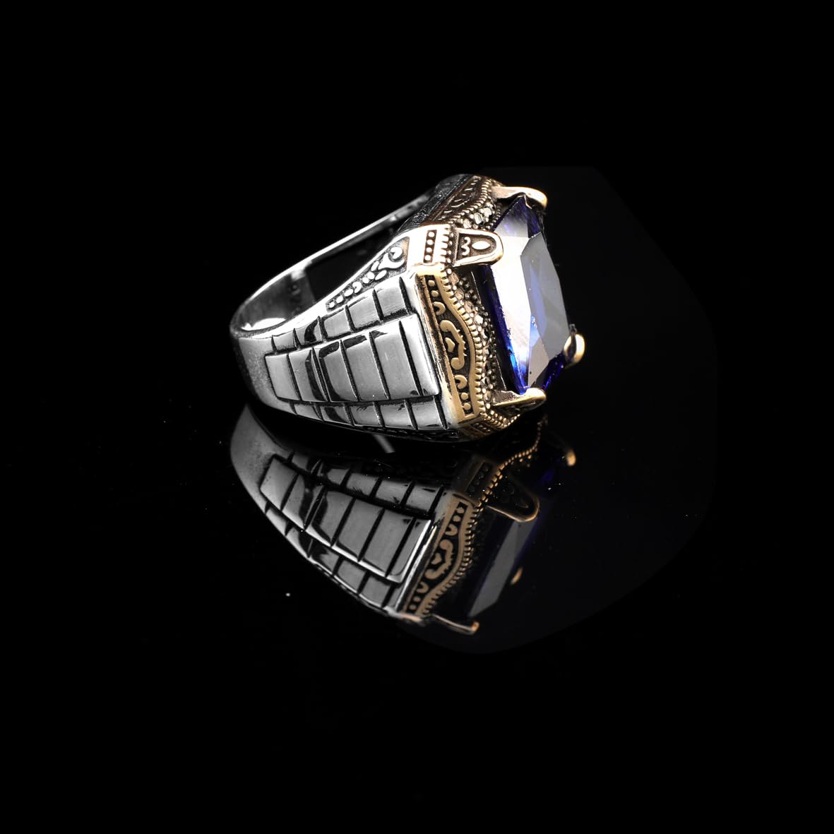 Sapphire Ring Watch Band Style – Vintage Gemstone Signet in 925 Sterling Silver for Men – Handmade Engagement Ring with Custom Engraving & Gift Silver Polishing Cloth