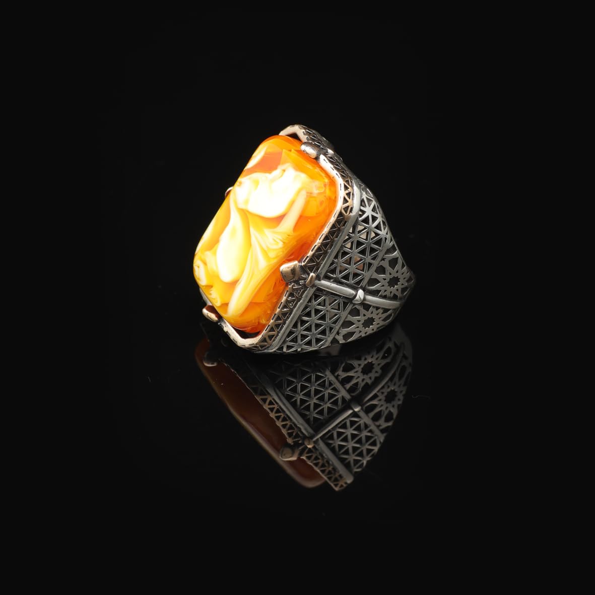 Vintage Large Squeezing Amber Ring for Men - 925 Sterling Silver Turkish Handmade Polished Engagement Ring with Silver Polishing Cloth Gift