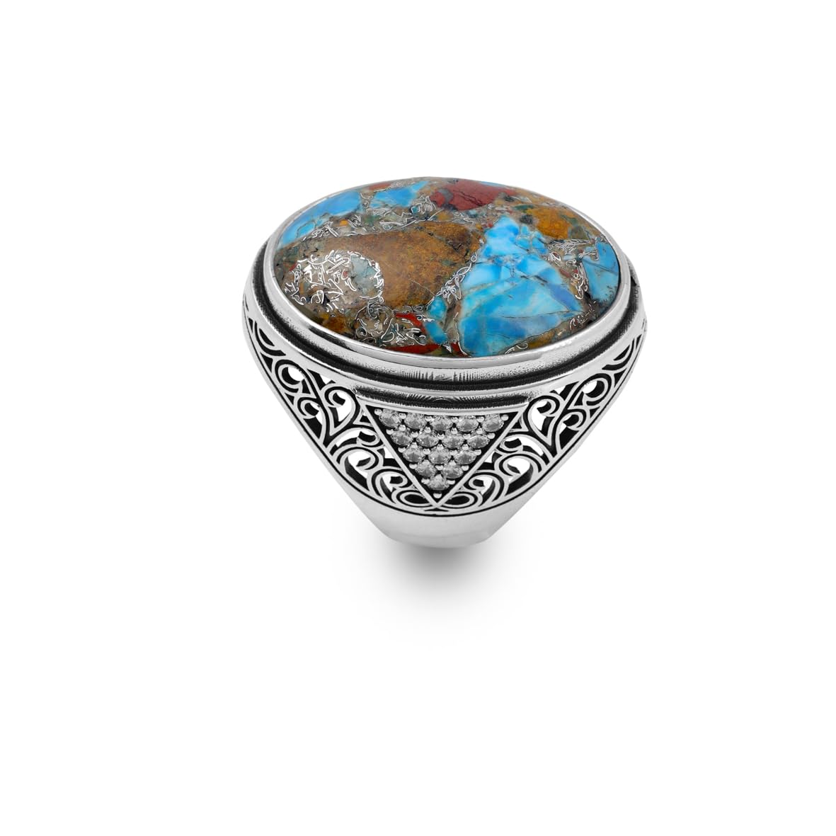 Mens Sterling Silver Turquoise Ring – Special Large Gemstone Ring with Chunky Ottoman Design
