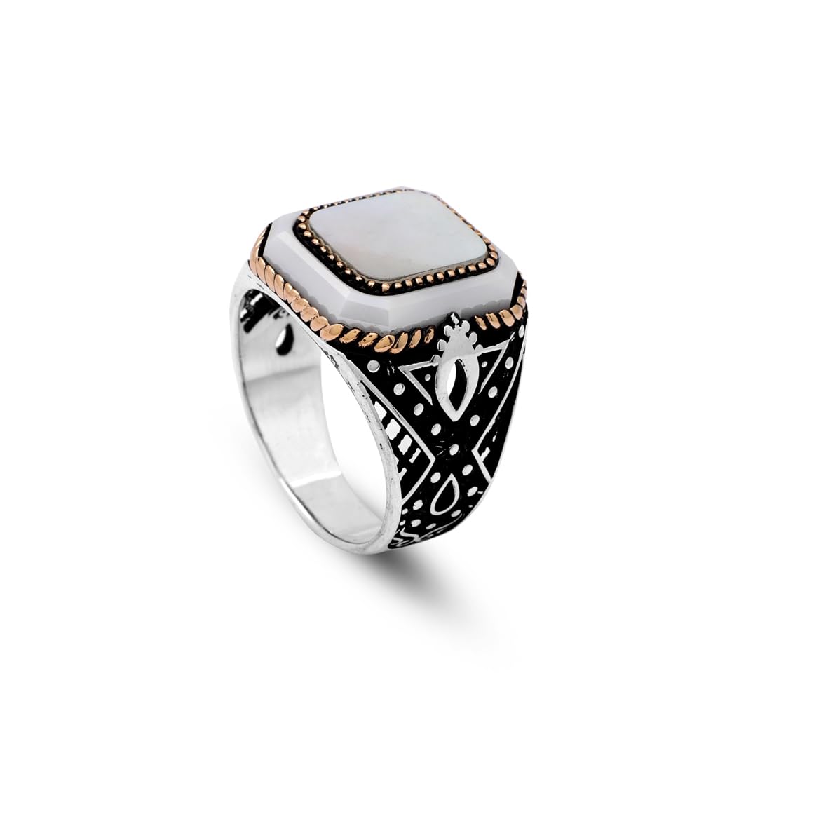 Handmade Vintage Men's Mother of Pearl Gemstone Ring - 925 Sterling Silver Turkish Engagement Ring - Polished Finish with Silver Polishing Cloth Gift