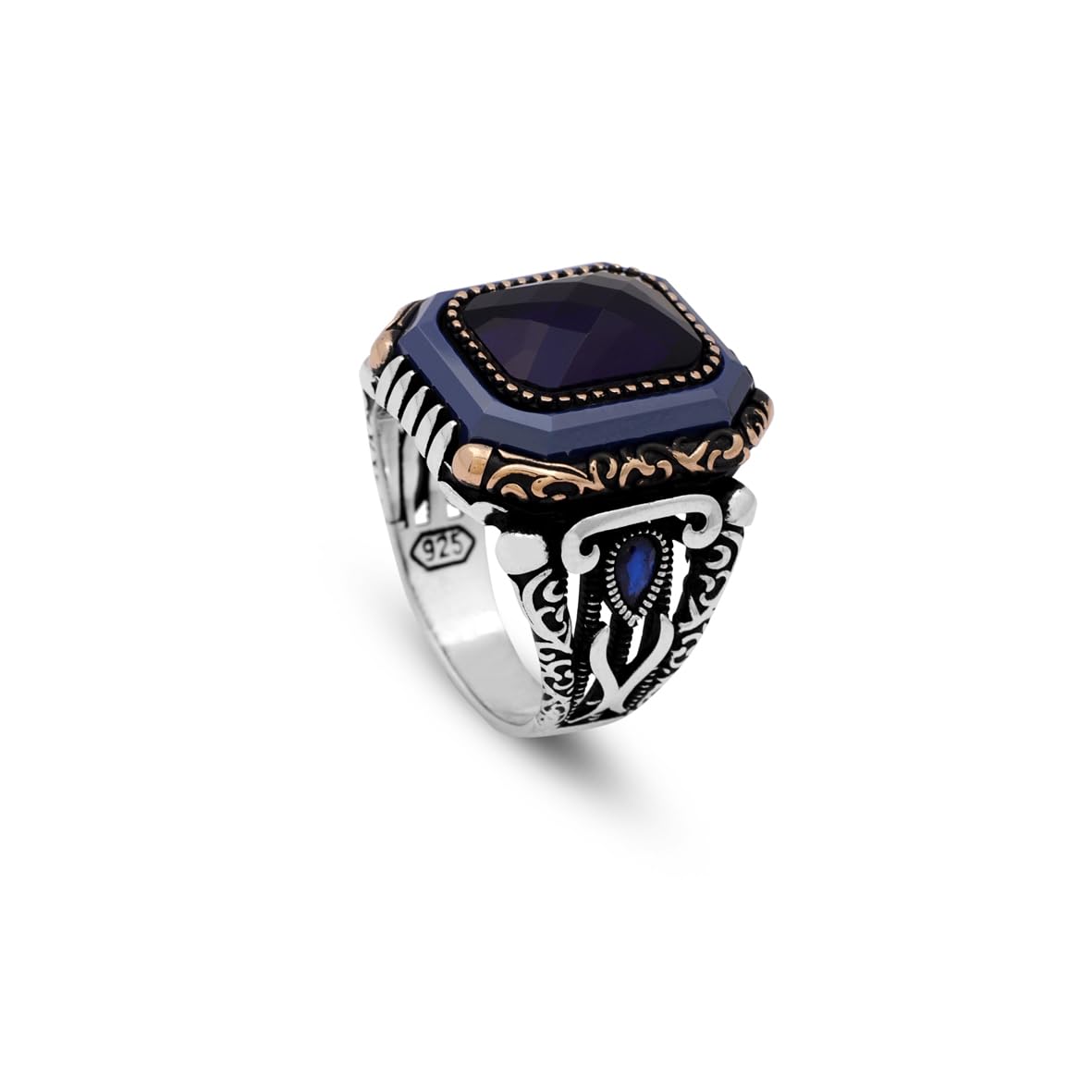 Vintage Blue Sapphire Ring - Handmade Men's Gemstone Ring in 925 Sterling Silver - Polished Turkish Engagement Ring with Silver Polishing Cloth Gift