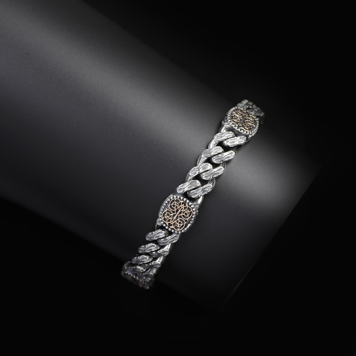 Handmade Gothic Vintage Pattern Mens Bracelet - Made to Order 925 Sterling Silver Personalized Chain Bracelet with Hand-Engraved Detail and Silver Polishing Cloth Gift