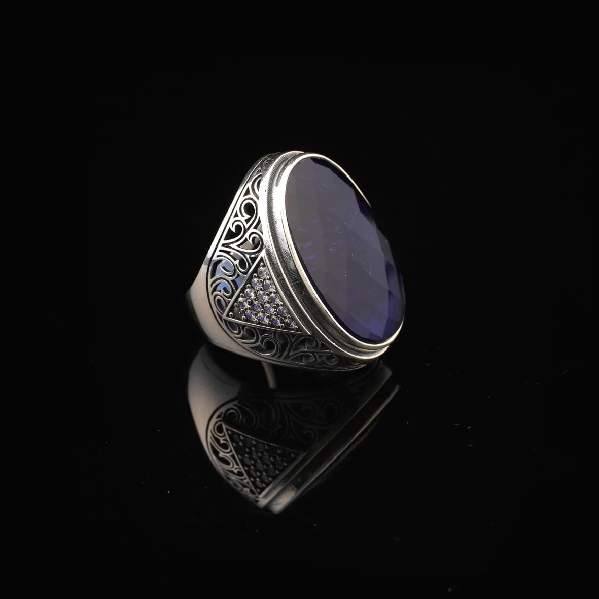 Sapphire Ring for Men – Large Chunky Silver Ring with Micro Sapphire Stone