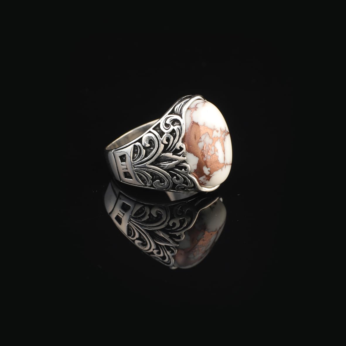 Mens White Turquoise Ring – Oval Gemstone in Ottoman Style – Handmade Vintage Sterling Silver Ring – Custom Engraved Engagement Ring with Gift Silver Polishing Cloth