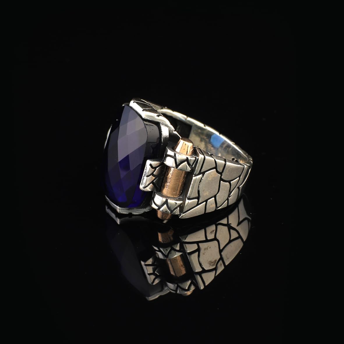Handmade Sterling Silver Sapphire Ring for Men - Ottoman-Style Vintage Gemstone Pinky Ring with Custom Engraving