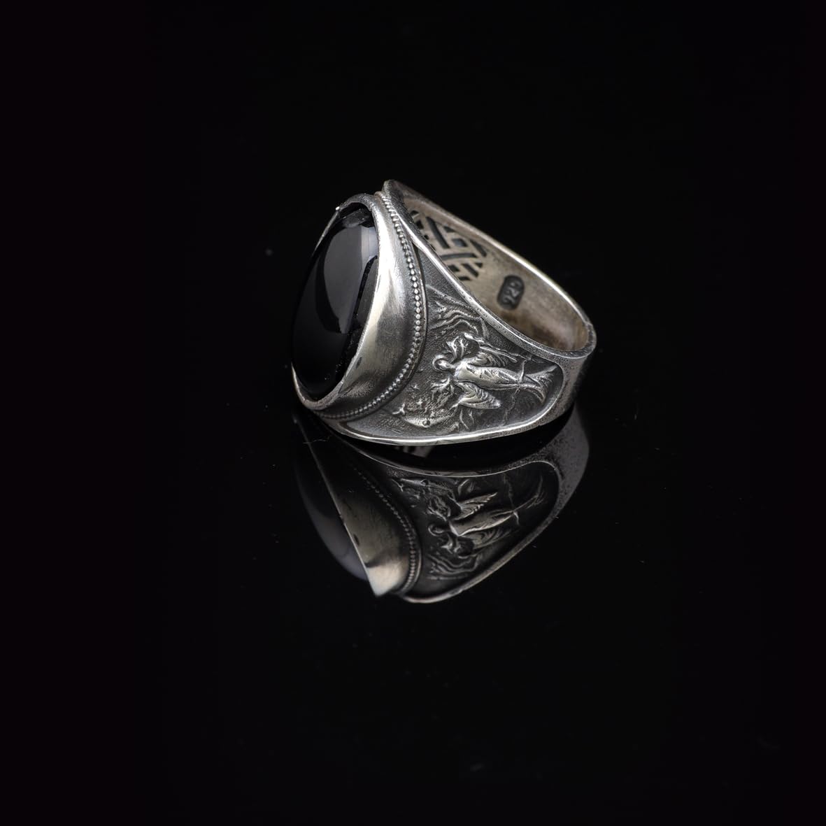 Handmade Virgin Mary Signet Ring – Black Onyx Oval Stone
