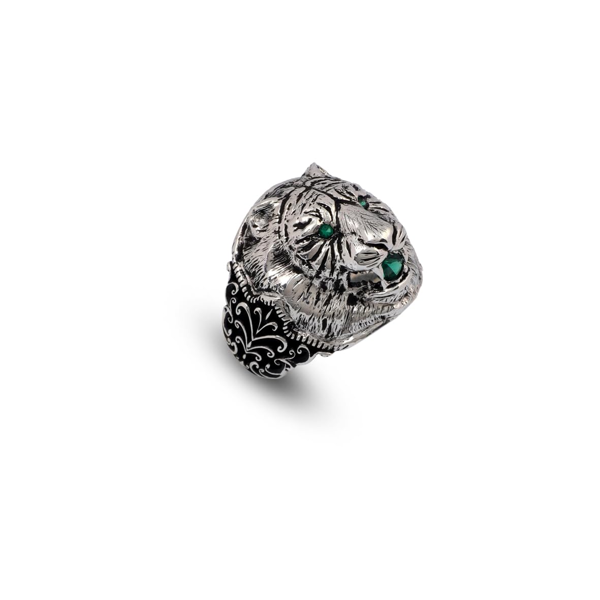 Vintage Tiger Ring with Micro Jade Gemstone - 925 Sterling Silver Men's Ring
