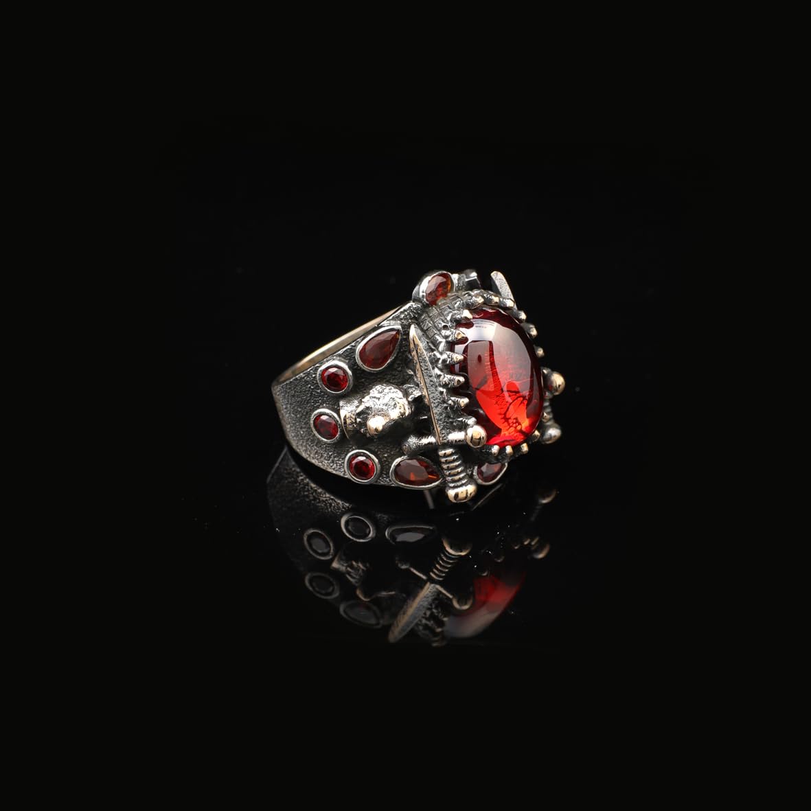 Mens Wolf Garnet Sword Ring – Handmade Sterling Silver Animal Ring