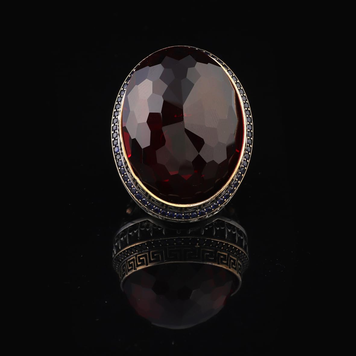 Iris Flower Model Garnet Ring - Chunky Sterling Silver Engagement Ring for Men
