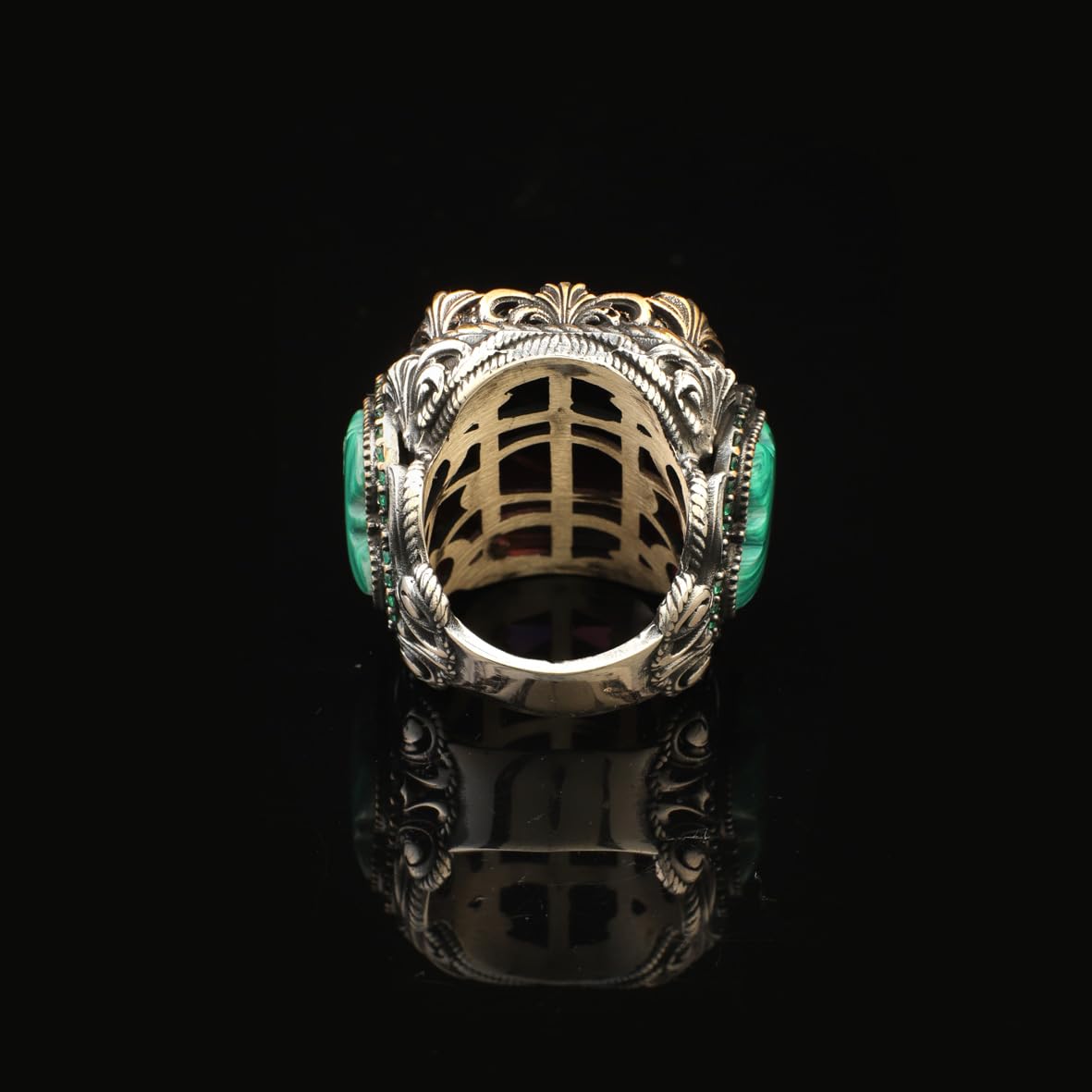 Amethyst & Malachite Ring – Large Statement Chunky Silver Whiskey Barrel Ottoman Vintage Ring – Engagement Promise Gift for Husband