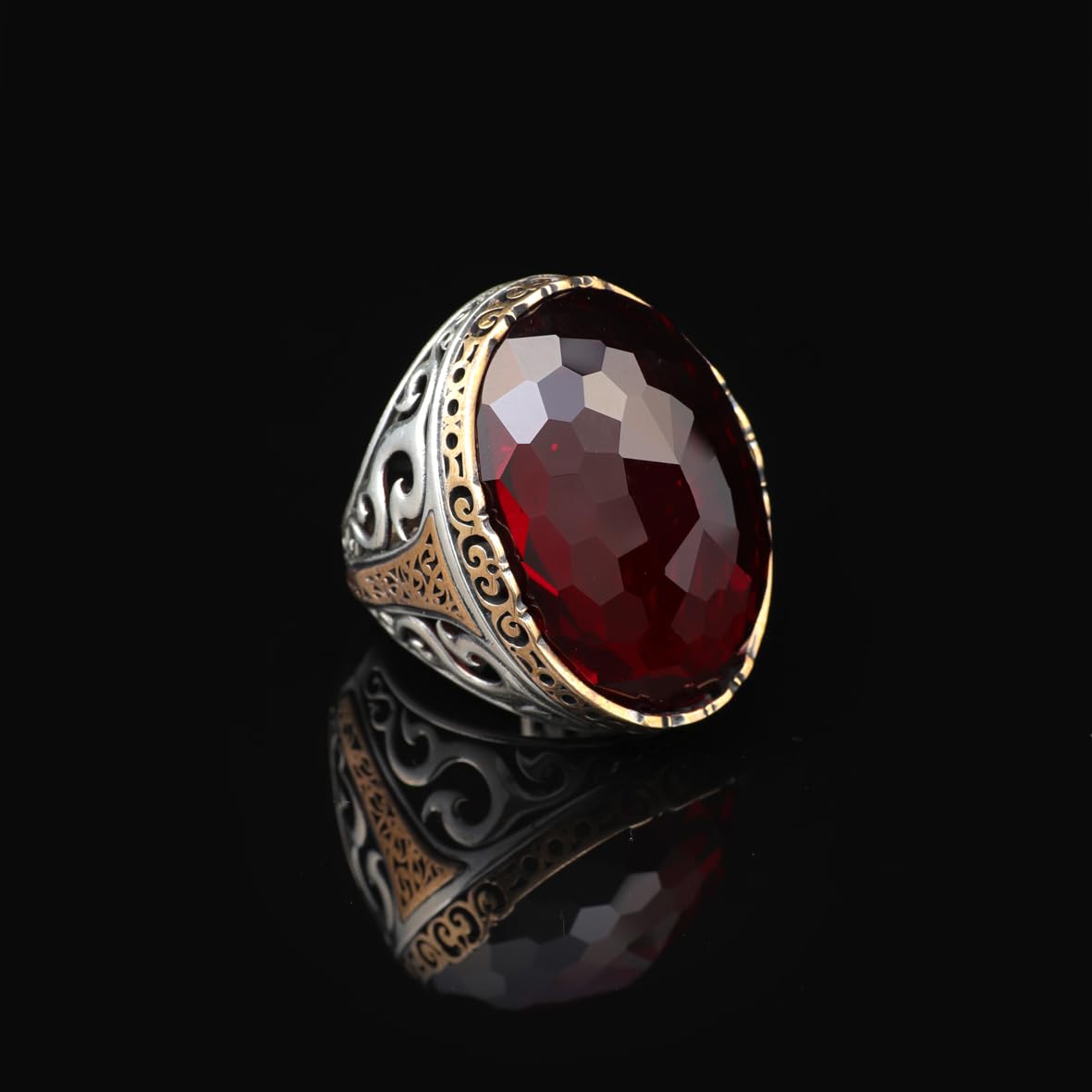 Garnet Ring Oval Stone - Handmade Vintage Ottoman Large Gemstone Ring Men - 925 Sterling Silver Men's Ring with Silver Polishing Cloth Gift