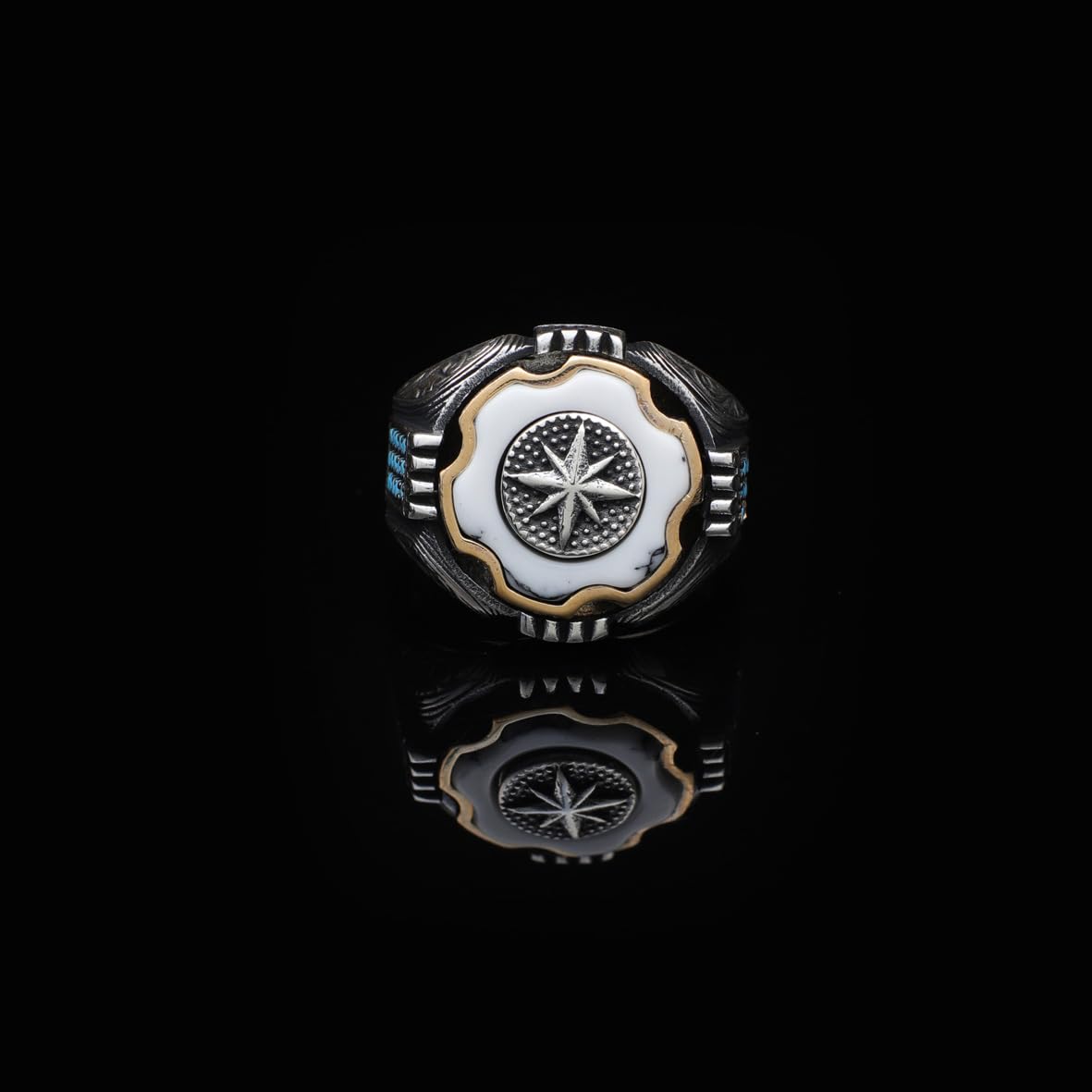 925 Sterling Silver White Turquoise and Pole Star Rotating Ring for Men - White Turquoise and Pole Star Design - Birthday Gifts