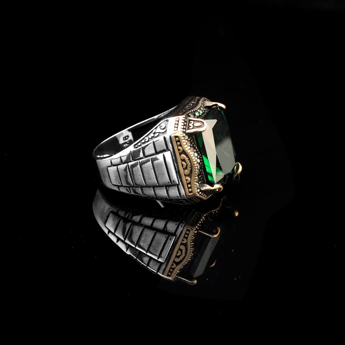 Handmade Emerald Gemstone Watch Band Ring – 925 Sterling Silver Vintage Men's Engagement Ring – Custom Engraved Rings for Men + Silver Polishing Cloth Gift