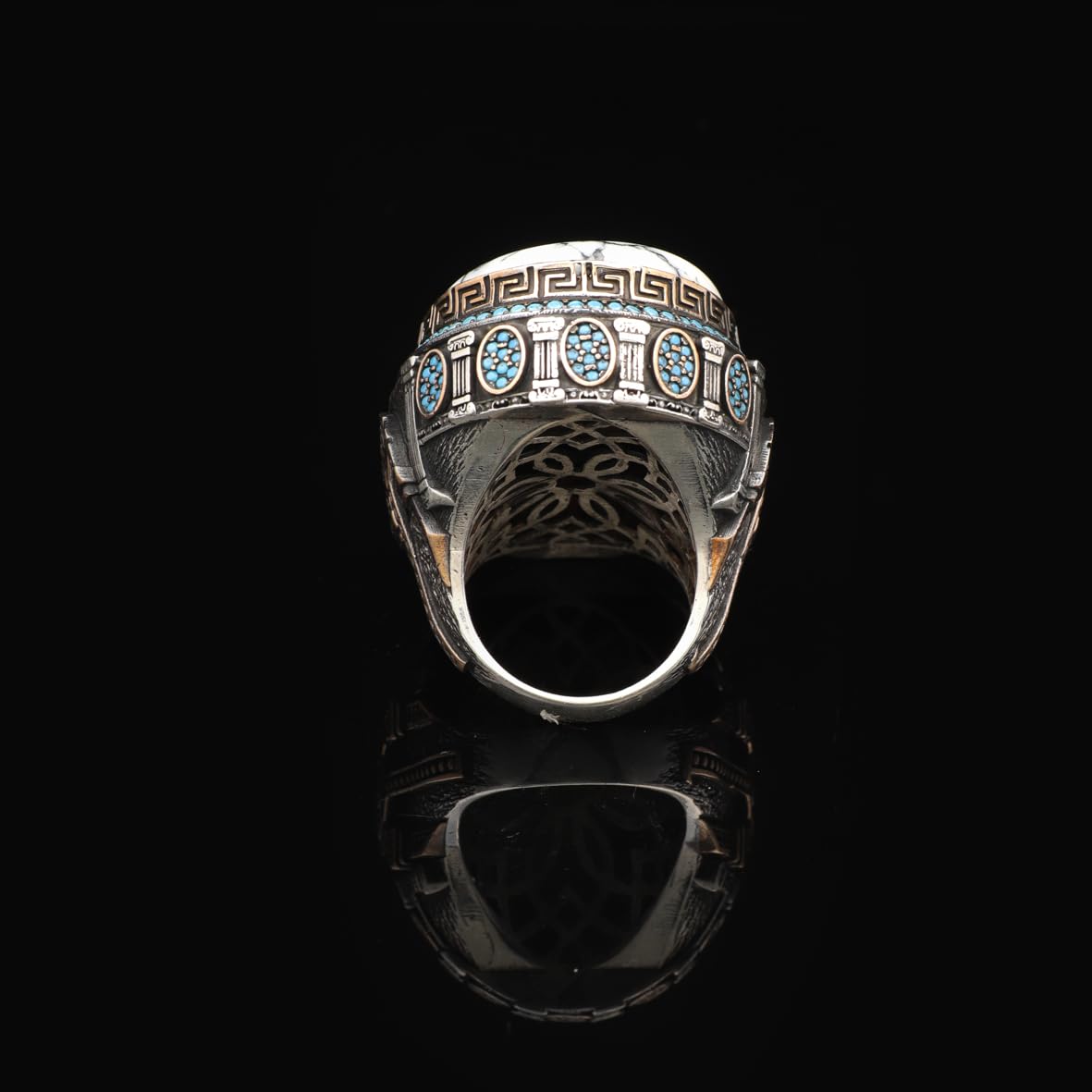 White Turquoise Ring with Micro Turquoise Stone – Large Oval Vintage Men’s Ring in Polished 925 Sterling Silver