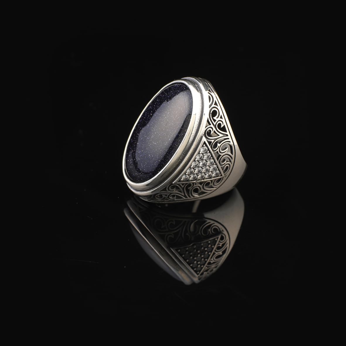 Space Onyx Stone Ring – Large Chunky Sterling Silver Ring with Micro Sapphire Stone