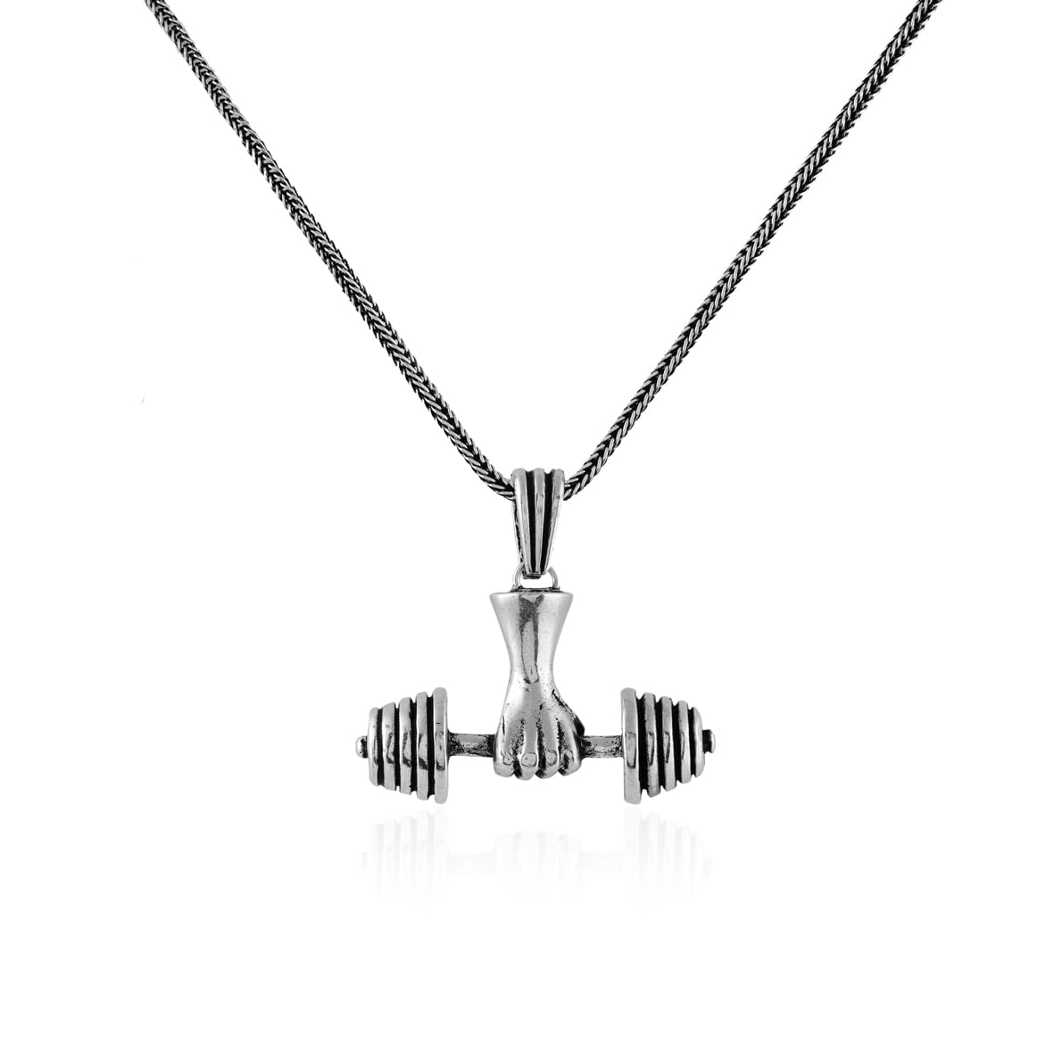 Sterling Silver Dumbbell Necklace – Polished Fitness Pendant for Men