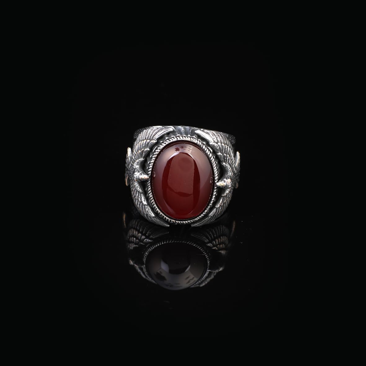 Handmade Carnelian Gemstone Eagle Large Ring for Men Vintage 925 Sterling Silver