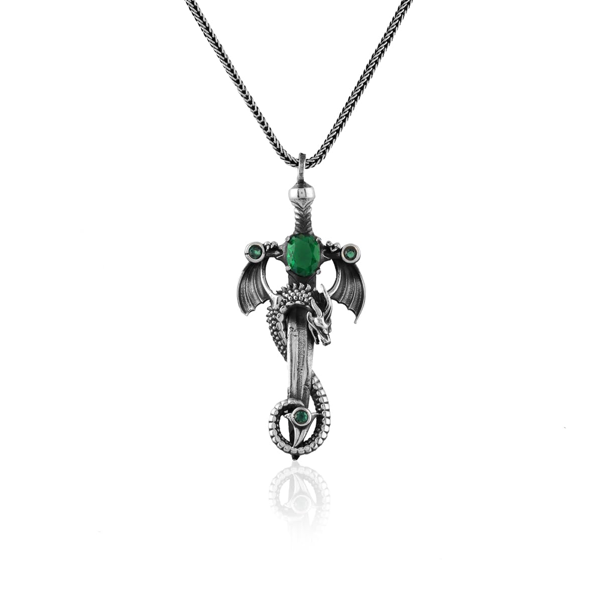 Dragon Necklace with Sword and Emerald Pendant – Sterling Silver Mens Necklace – Gothic Silver Chain Biker Pendant – Handmade Silver Jewelry