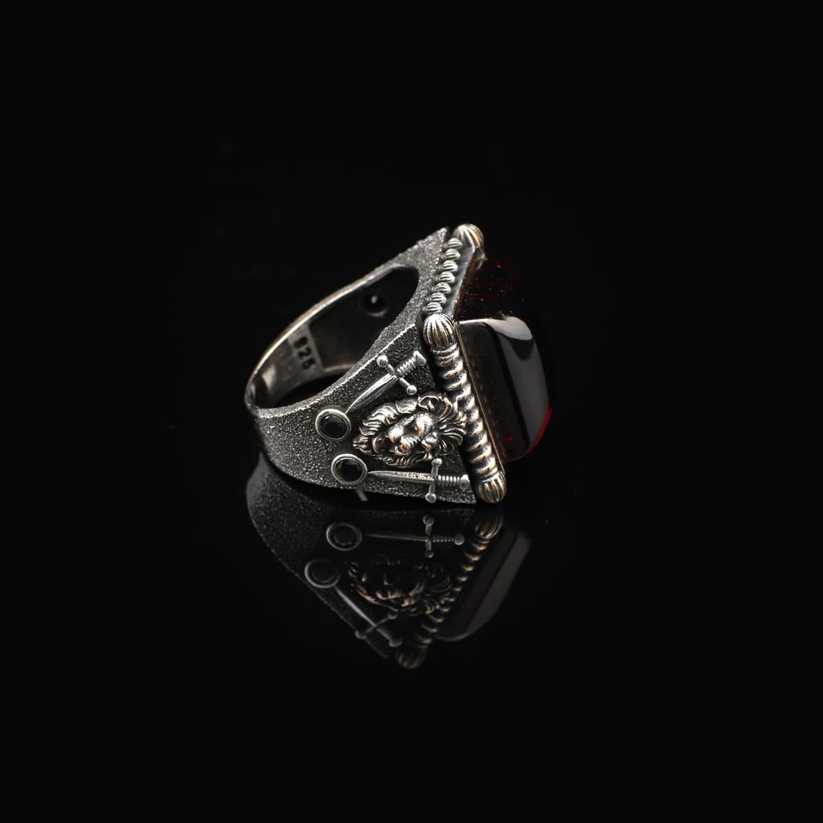 Ruby Lion Ring with Sword Design – Vintage Handmade Sterling Silver Ring for Men