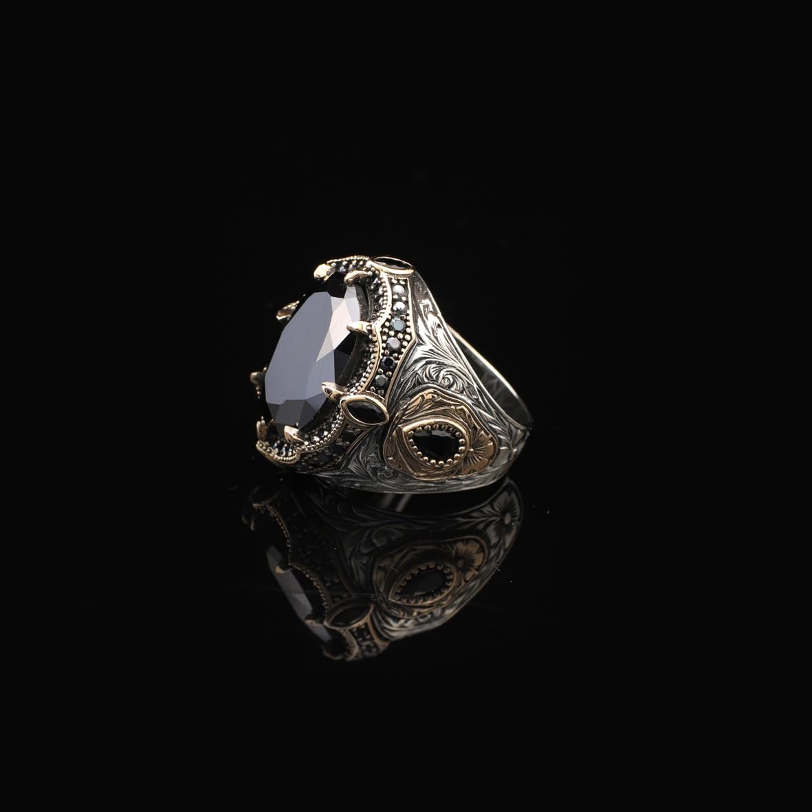 Vintage Ottoman Chunky Onyx Ring for Men – Handmade Gemstone Sterling Silver Engagement Ring with Custom Engraving + Gift Silver Polishing Cloth