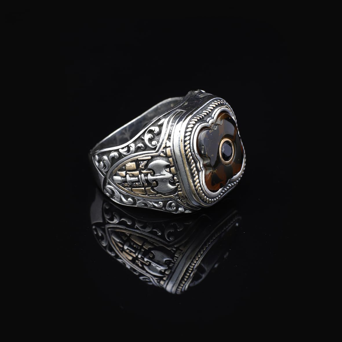Handmade Vintage Ax Amber Ring with Micro Onyx Stone in 925 Sterling Silver for Men - Unique Gemstone Jewelry - Silver Polishing Cloth Gift
