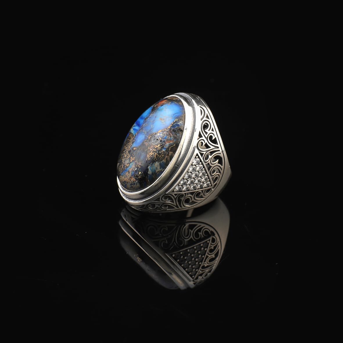 Handmade Special Turquoise Gemstone Ring – Large Chunky Ottoman Sterling Silver Ring for Men – Micro Sapphire Accent – Vintage Style Engagement Ring with Custom Engraving