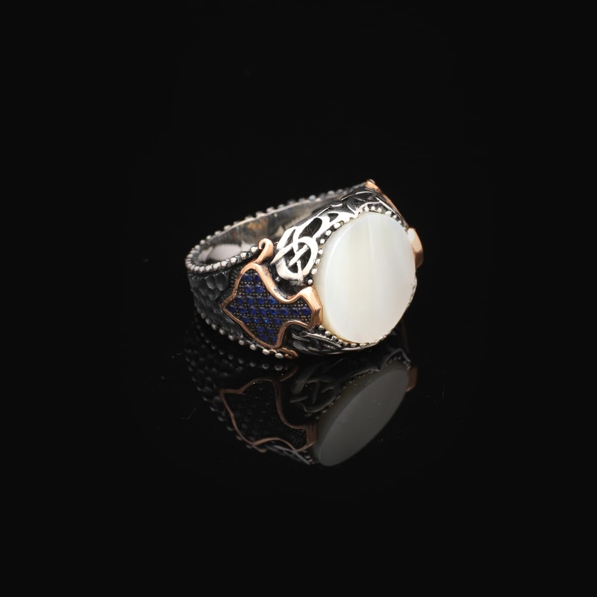 Vintage Mother of Pearl Signet Ring with Micro Sapphire Stone - 925 Sterling Silver Men's Gemstone Ring