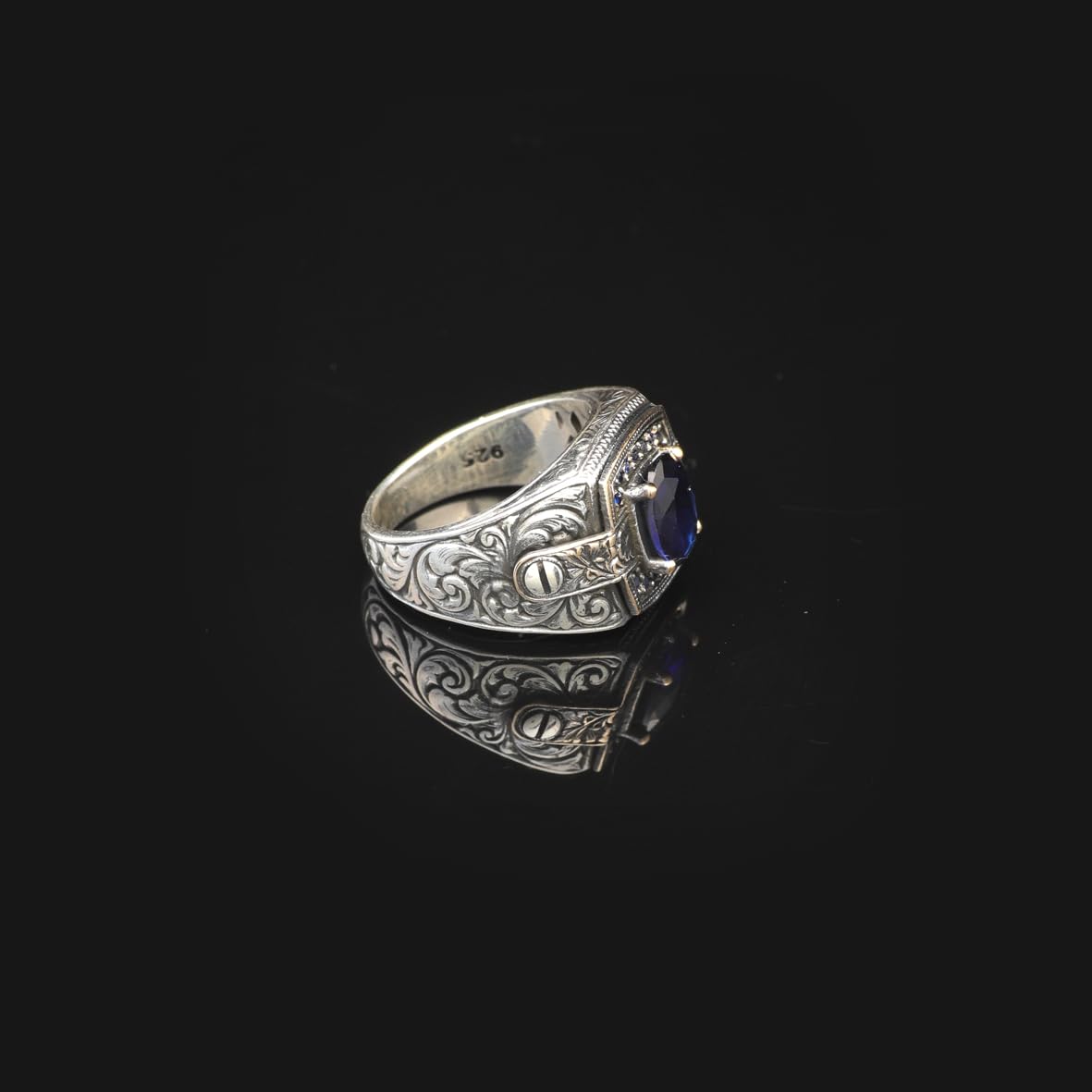 Blue Sapphire Ring with Micro Stone - Vintage Men's Gemstone Ring