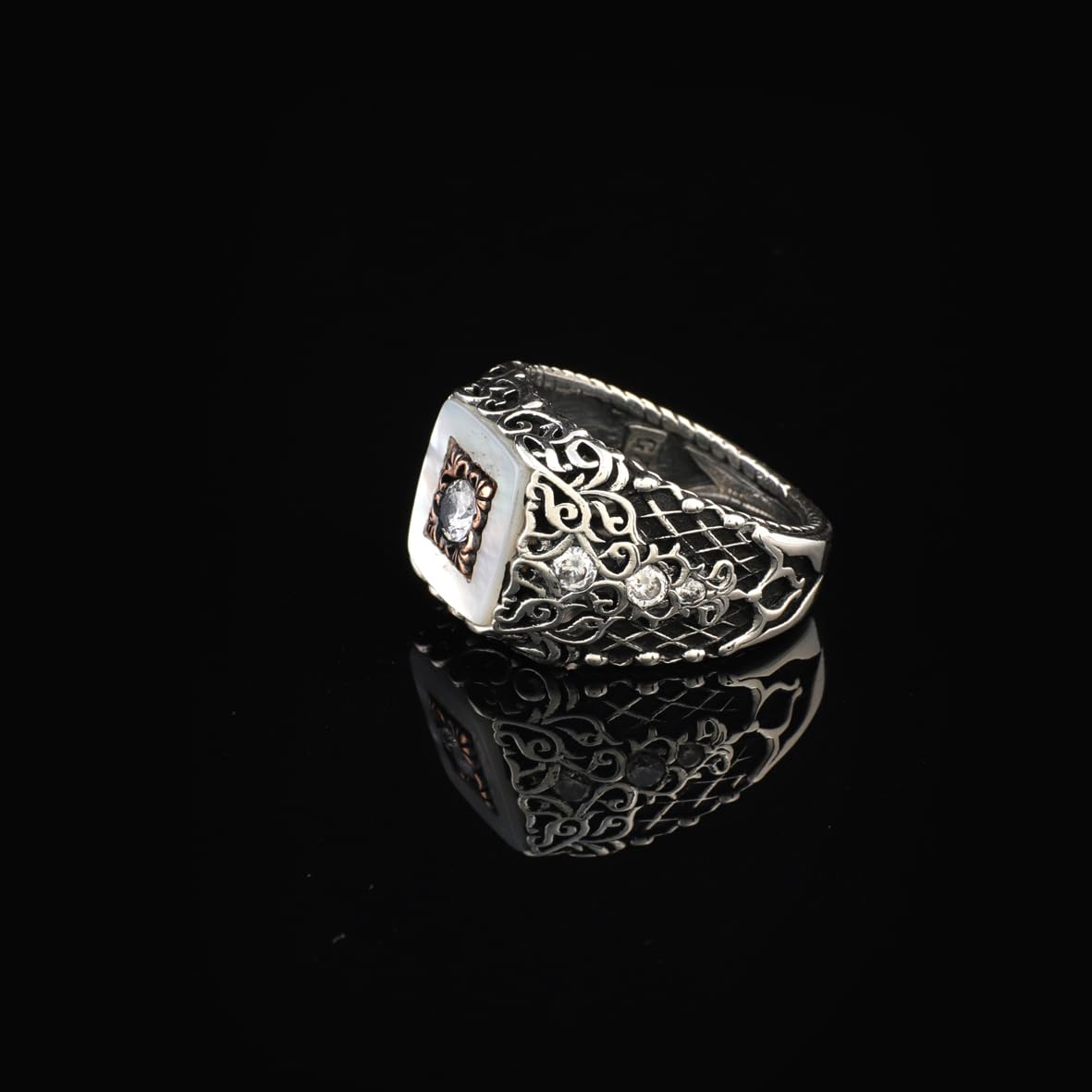 Vintage Mother of Pearl Signet Ring - Sterling Silver Pinky Ring for Men