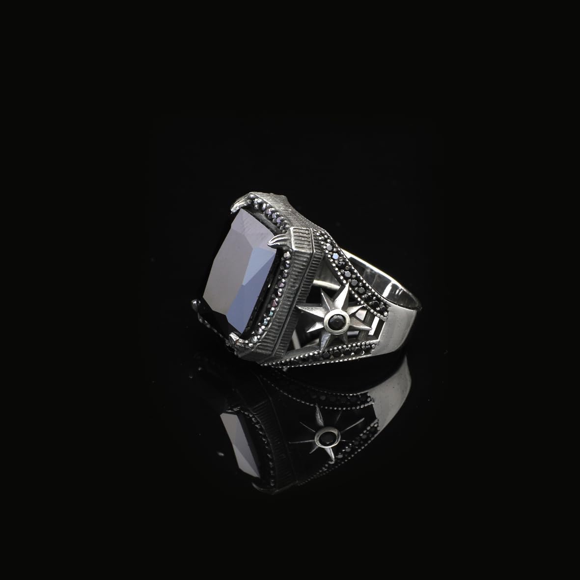 Black Onyx Ring for Men - Pole Star 925 Sterling Silver Jewelry - Men's Sterling Silver Ring with Black Onyx - Birthday Gifts