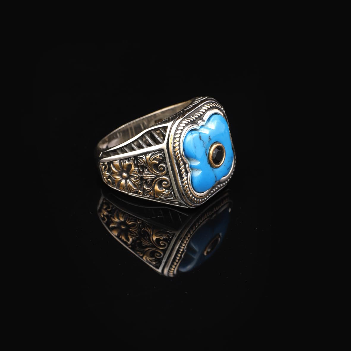 Genuine Turquoise Mens Ring with Black Onyx - Vintage Handmade 925 Sterling Silver Gemstone Ring for Men - Micro Stone Detailing - Includes Silver Polishing Cloth Gift
