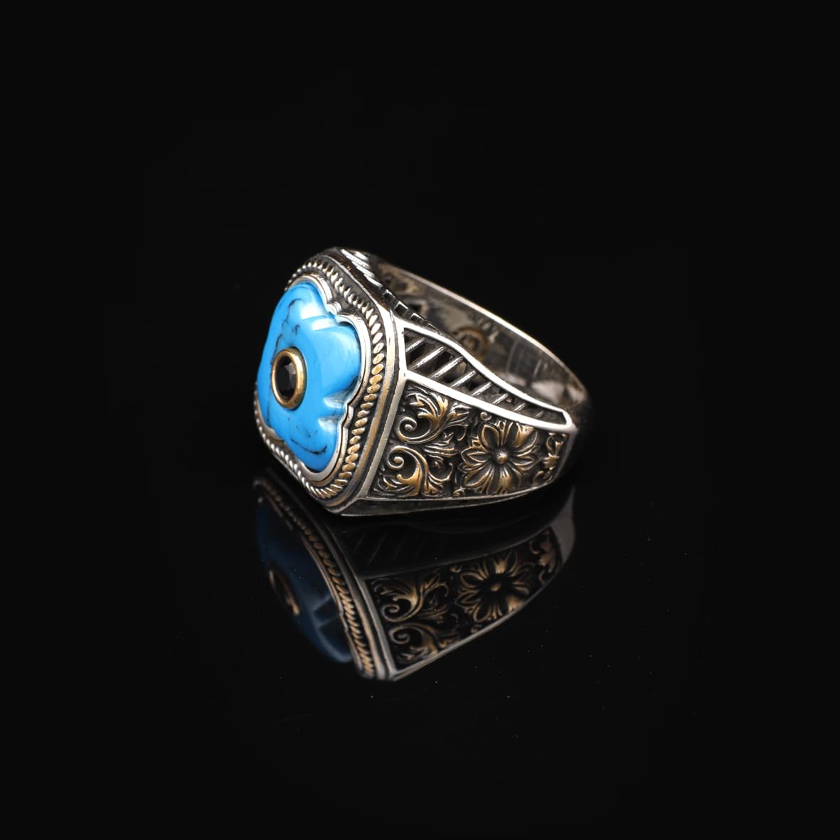 Genuine Turquoise Mens Ring with Black Onyx - Vintage Handmade 925 Sterling Silver Gemstone Ring for Men - Micro Stone Detailing - Includes Silver Polishing Cloth Gift