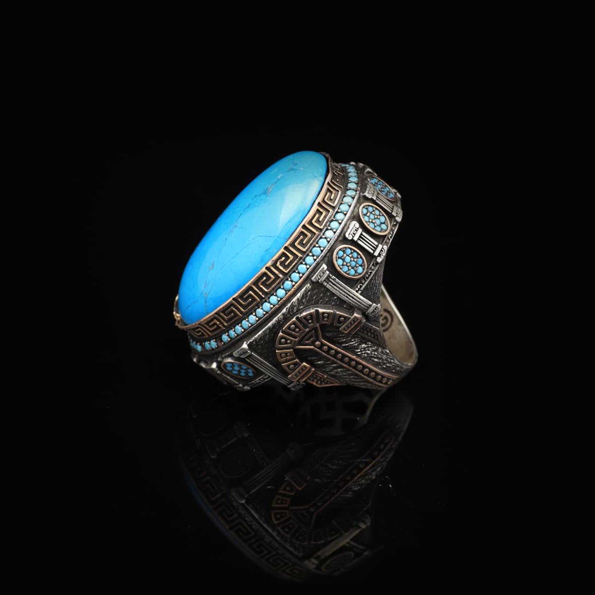 Turquoise Stone with Micro Stone – Large Oval Vintage Men’s Ring in Polished 925 Sterling Silver