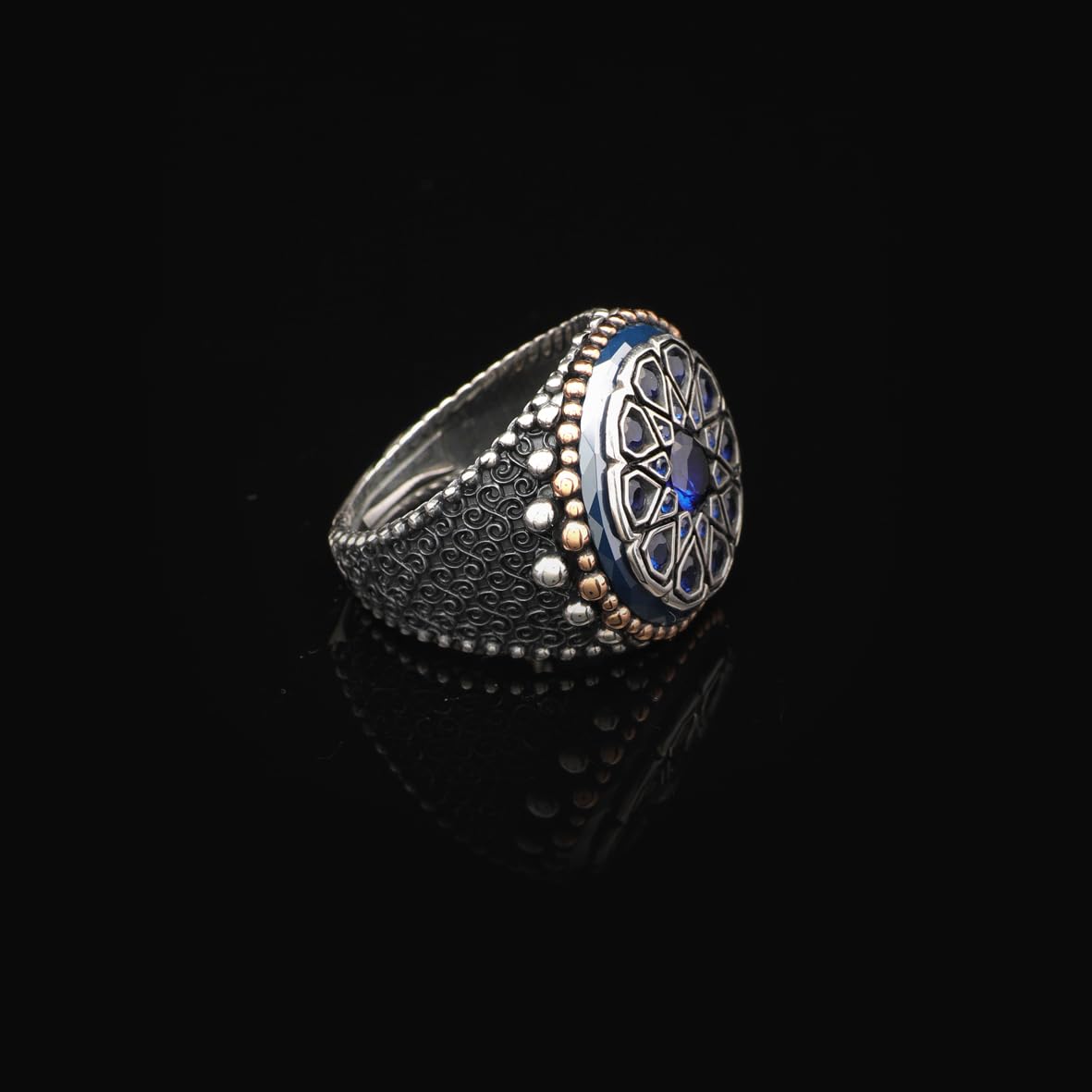 Vintage Embroidered Signet Ring with Blue Tiger Eye Gemstone - 925 Sterling Silver Men's Engagement Ring