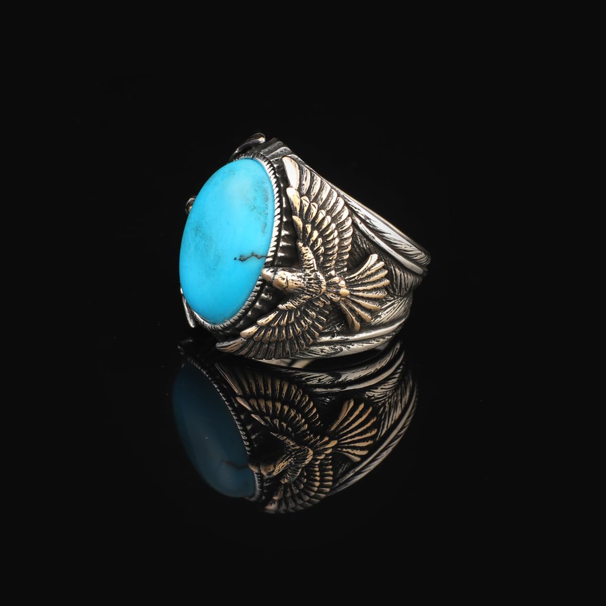 Mens Turquoise Eagle Ring – Vintage Animal Signet Ring with Gemstone in Sterling Silver